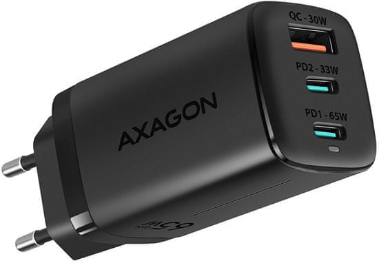 AXAGON síťová nabíječka GaN, USB-A, 2x USB-C, PD3.0/QC4+/PPS/Apple, 65W, černá