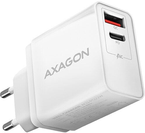AXAGON síťová nabíječka PD & QUICK, USB-A, USB-C PD, 22W, bílá