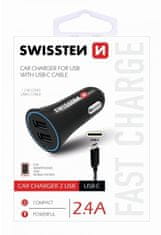 SWISSTEN autonabíječka 2,4A Power s 2x USB + kabel USB-C