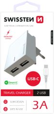 SWISSTEN síťový adaptér SMART IC, CE 2x USB 3 A Power + datový kabel USB/Type C 1,2m, bílá