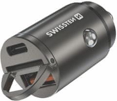 SWISSTEN nabíječka do auta, USB-C PD, USB-A SuperCharge, 30W, stříbrná