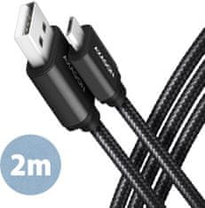 AXAGON kabel USB-A - micro USB2.0 HQ, 2.4A, opletený, 2m, černá