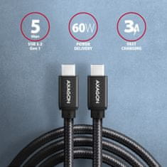 AXAGON kabel USB-C - USB-C SPEED USB3.2 Gen 1, PD60W 3A, opletený, 1m, černá