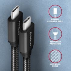 AXAGON kabel USB-C - USB-C SPEED USB3.2 Gen 1, PD60W 3A, opletený, 2m, černá