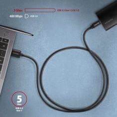 AXAGON kabel USB-A - USB-C SPEED USB3.2 Gen 1, 3A, opletený, 2m, černá