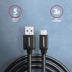 AXAGON kabel USB-A - USB-C SPEED USB3.2 Gen 1, 3A, opletený, 2m, černá