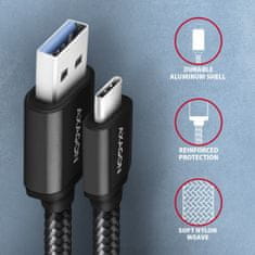 AXAGON kabel USB-A - USB-C SPEED USB3.2 Gen 1, 3A, opletený, 2m, černá