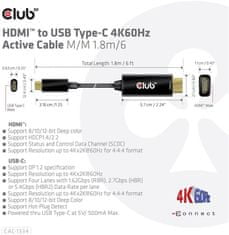 Club 3D aktivní kabel HDMI na USB-C, 4K60Hz, 1.8m, M/M