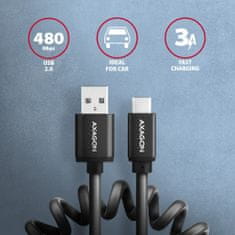 AXAGON kabel USB-A - USB-C TWISTER USB2.0, 3A, kroucený, ALU, tpe, 1.1m, černá