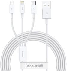 BASEUS kabel Superior 3v1, USB-A - USB-C/micro USB/Lightning, nabíjecí, 1.5m, bílá