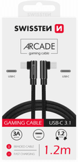 SWISSTEN datový kabel Arcade USB-C, M/M, 3A, zahnutý konektor 90°, opletený, 1.2m, černá