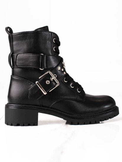 Amiatex Módní černé dámské kotníčkové boty na plochém podpatku + Ponožky Gatta Calzino Strech