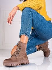 Amiatex Výborné hnědé kotníčkové boty dámské na plochém podpatku, odstíny hnědé a béžové, 38