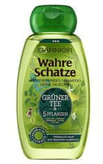 Garnier True Treasures, Vitalizační šampon se zeleným čajem a 5 rostlinami, jemně čistí vlasy a pokožku hlavy, osvěžující, 250 ml