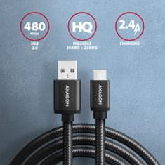 AXAGON datový a nabíjecí kabel HQ USB-A na Micro USB / USB 2.0 / 2,4A / ALU / oplet / 1,5m / černý