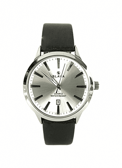Slava Time Pánské černé jednoduché a elegantní hodinky SLAVA se stříbrným ciferníkem SLAVA 10074