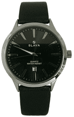 Slava Time Pánské černé elegantní hodinky SLAVA se stříbrným ciferníkem SLAVA 10074