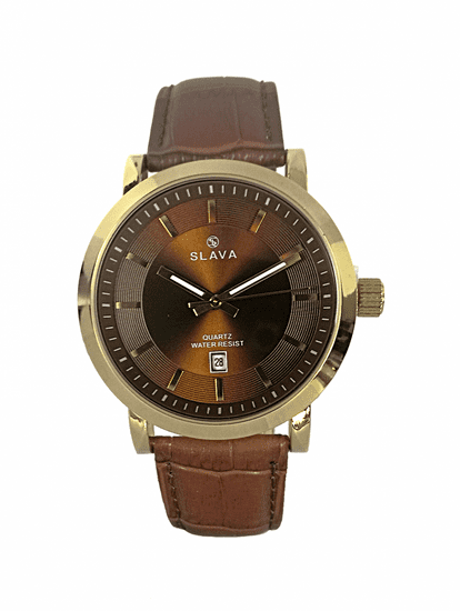 Slava Time Pánské zlaté elegantní hodinky SLAVA prošívaný kontrastní řemínek SLAVA 10123