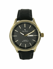 Slava Time Pánské černé elegantní hodinky SLAVA řemínek s imitací krokodýlí kůže SLAVA 10076