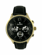 Slava Time Pánské zlaté elegantní hodinky SLAVA s velkým černým ciferníkem SLAVA 10146