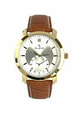 Slava Time Pánské hnědo-zlaté hodinky SLAVA se dvěma ciferníky SLAVA 10098