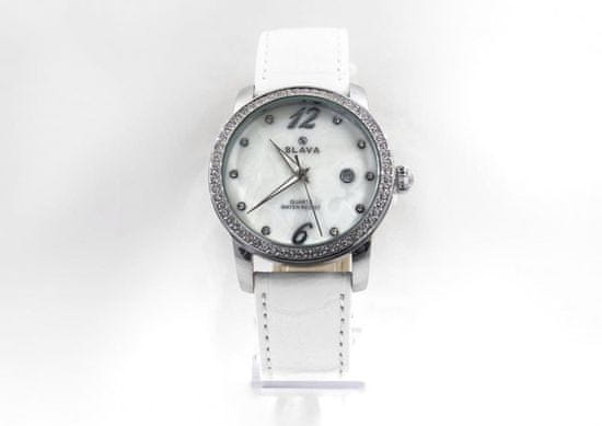 Slava Time Dámské hodinky s kamínky Swarovski a bílým páskem SLAVA