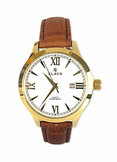 Slava Time Pánské hnědé hodinky SLAVA ve zlatém pouzdře SLAVA 10126