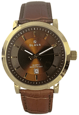 Slava Time Pánské zlaté elegantní hodinky SLAVA prošívaný kontrastní řemínek SLAVA 10123