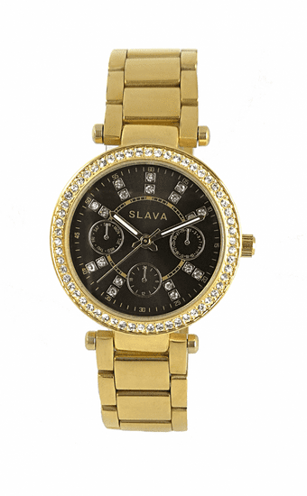 Slava Time Dámské černo-zlaté hodinky SLAVA vykládané kamínky Swarovski SLAVA 10018