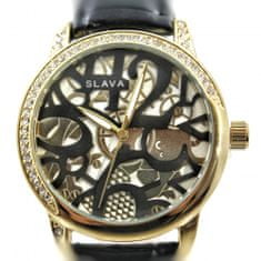 Slava Time Dámské černé hodinky ve zlatém pouzdře s retro ciferníkem SLAVA 10081
