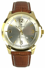 Slava Time Pánské zlato-hnědé elegantní hodinky SLAVA se stříbrným ciferníkem SLAVA 10097