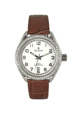 Slava Time Dámské elegantní hodinky SLAVA s kamínky SWAROWSKI a hnědým řemínkem SLAVA 10106