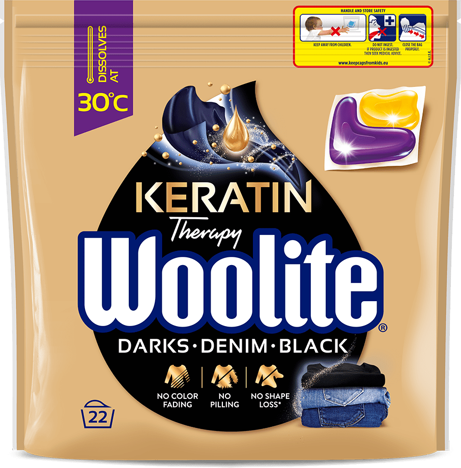 Woolite gelové kapsle na tmavé a černé prádlo s keratinem 22 ks