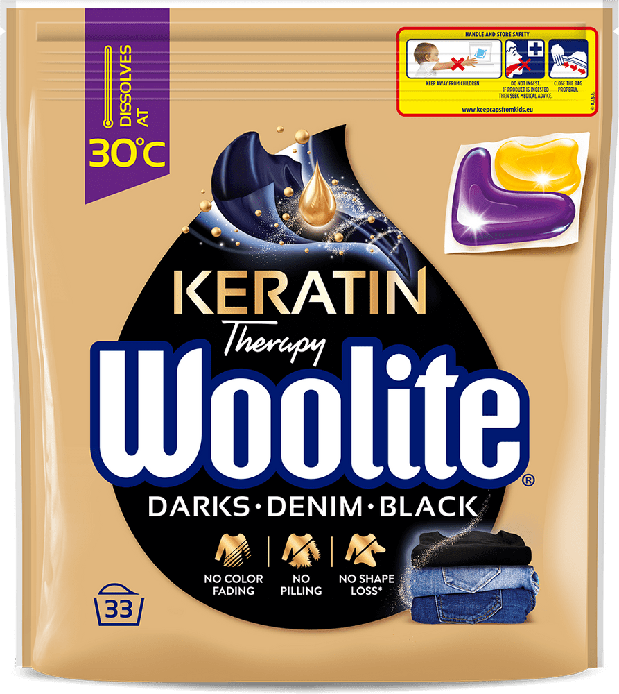 Woolite gelové kapsle na tmavé a černé prádlo s keratinem 33 ks