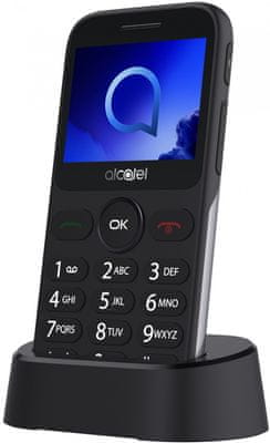 Alcatel 2020, mobil pro seniory, velká tlačítka, SOS tlačítko, nabíjecí stojánek, Dual SIM, dlouhá výdrž, jednoduché ovládání