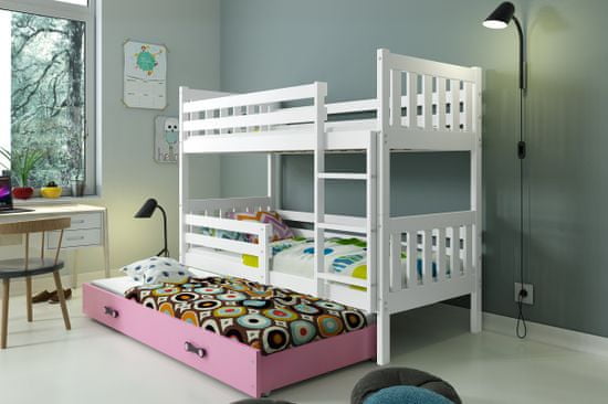 Importworld Dětská patrová postel Miloslava – 3 sosoby 80x190 s výsuvnou přistýlkou – Bílá, Růžová