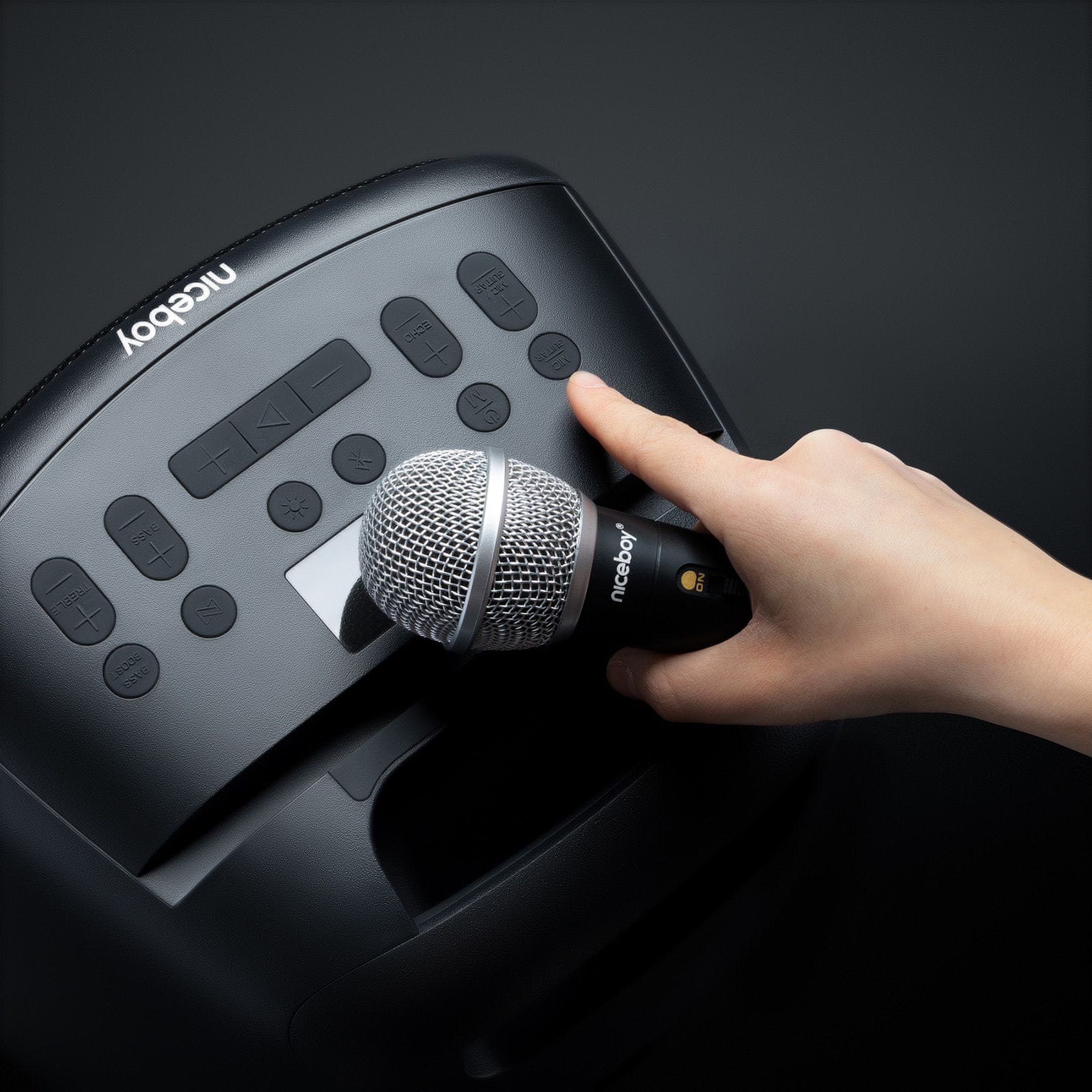 Bluetooth párty reproduktor Niceboy party boy 2 100w maxxbass technológie ipx4 odolnosť vode svetelné efekty karaoke možnosť pripojenia hudobného nástroja výdrž 20 h na nabitie usb prehrávanie microSD karty aux in bass boost tlačidlo multisession mikrofón v balení