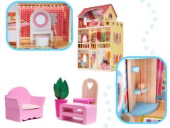 Aga Dřevěný domeček pro panenky + nábytek růžový 90cm LED