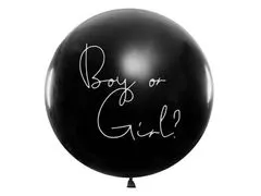 PartyDeco Černý balonek holka nebo kluk, modré konfety 1m -