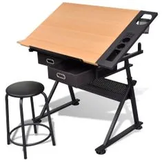 Vidaxl Kreslící stůl sklopný se dvěma zásuvkami a stoličkou