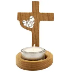AMADEA Dřevěný svícen kříž z masivního dřeva s vkladem - srdce, výška 12 cm