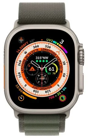 Apple Watch Ultra Cellular okosóra, 49 mm, állandóan bekapcsolt Retina kijelző EKG pulzusmérés zenelejátszó hívás értesítések NFC fizetés Apple Pay zajszint mérés App Store vér oxigénszint szenzor fitnesz mérés VO2 max sziréna ovuláció titán tok 100 méter mélységig vízálló MIL-STD 810H EN13319