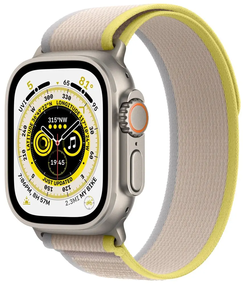 Apple Watch Ultra Cellular, 49mm Titanium Case with Yellow/Beige Trail Loop S/M MNHK3CS/A