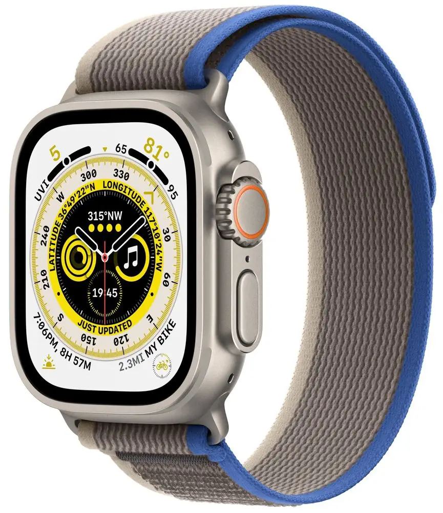 Apple Watch Ultra Cellular, 49mm Titanium Case with Blue/Gray Trail Loop M/L MQFV3CS/A