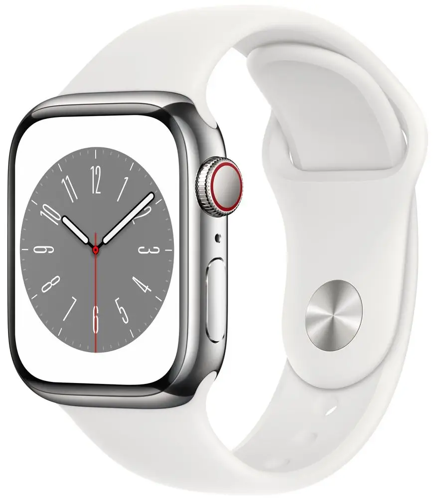 Levně Apple Watch Series 8 Cellular, 41mm Silver Stainless Steel Case with White Sport Band MNJ53CS/A