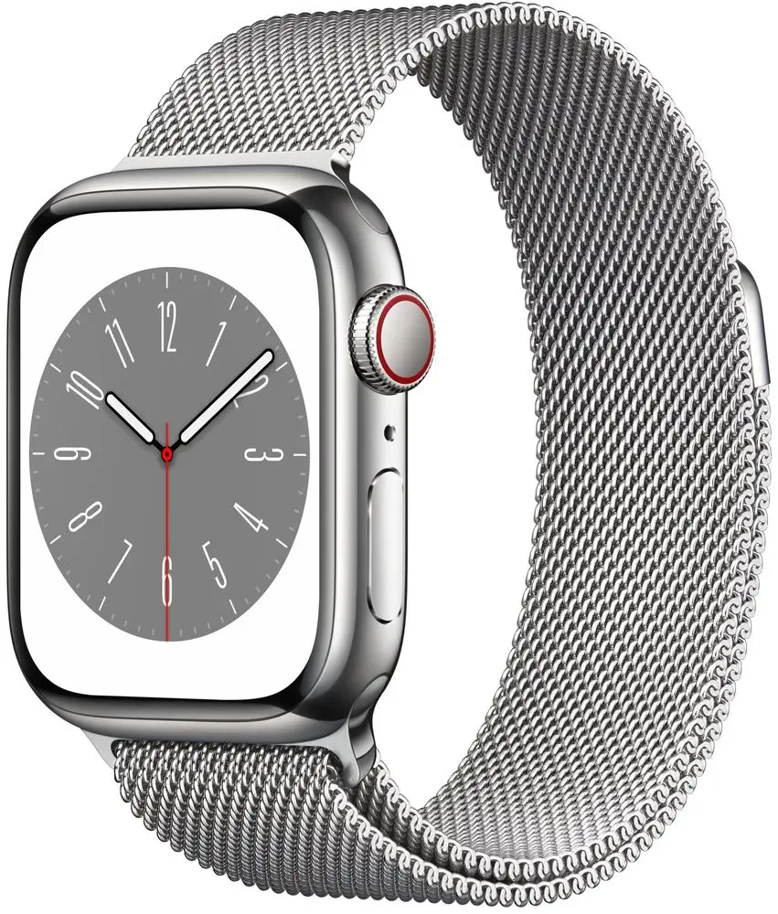 Apple Watch Series 8 Cellular, 41mm Silver Stainless Steel Case with Silver Milanese Loop MNJ83CS/A