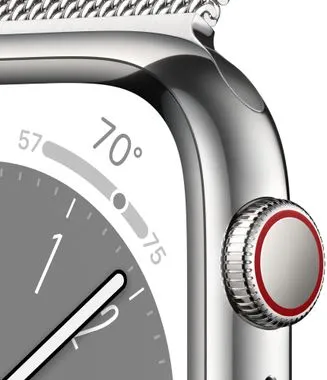 Apple Watch Series 8 Cellular okosóra eSIM funkció esim kétirányú kommunikáció, 41mm, Apple Pay Retina kijelző vízállóság WR50 úszáshoz autóbaleset érzékelés új funkciók alvási fázis SOS hívás porálló gyorsulásmérő GPS mindig bekapcsolva EKG pulzusmérés zenelejátszó hívás értesítések NFC fizetés Apple Pay zajszint mérés App Store vér oxigénszint érzékelő szenzor fizikai erőnlét mérés VO2 max automatikus segélyhívás