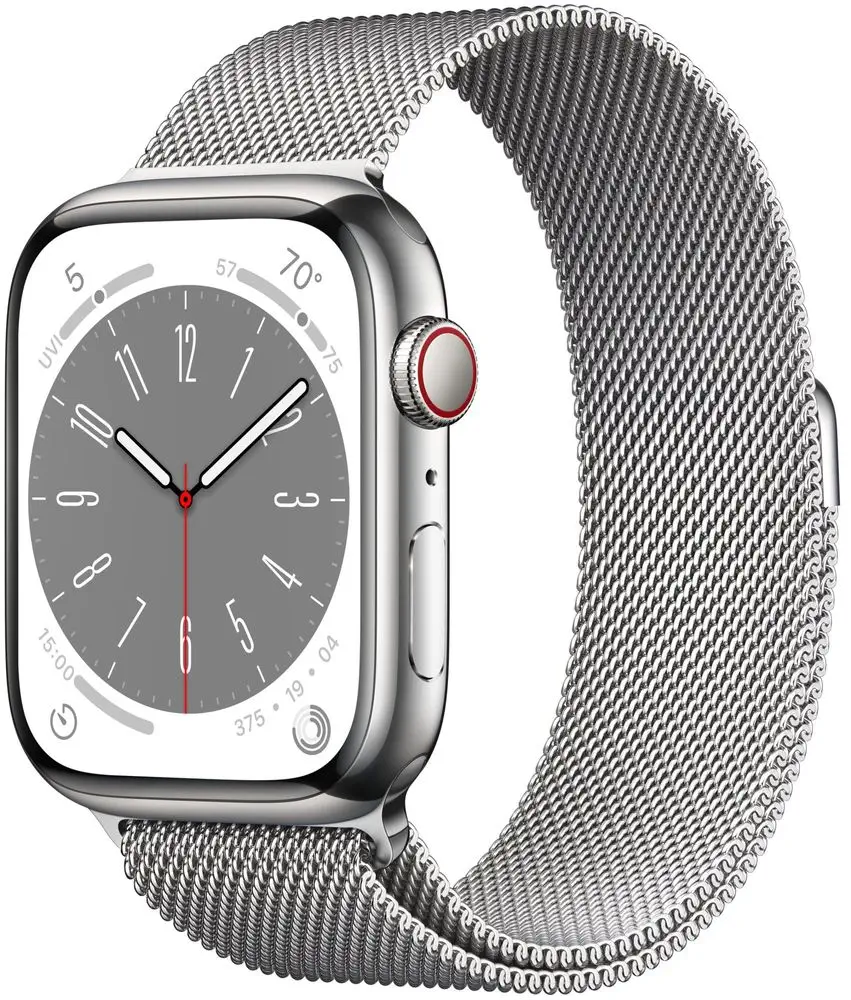 Levně Apple Watch Series 8 Cellular, 45mm Silver Stainless Steel Case with Silver Milanese Loop MNKJ3CS/A