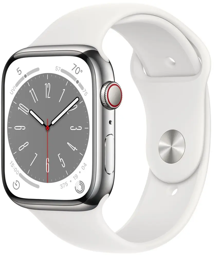 Apple Watch Series 8 Cellular, 45mm Silver Stainless Steel Case with White Sport Band MNKE3CS/A
