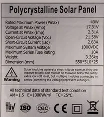 HADEX Fotovoltaický solární panel 12V/40W polykrystalický 550x510x25mm